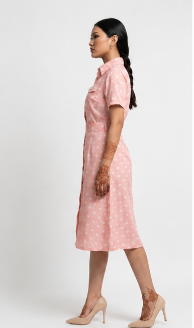 Elegant Pink Polka Dot Midi Dress