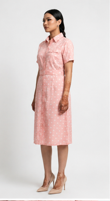 Elegant Pink Polka Dot Midi Dress